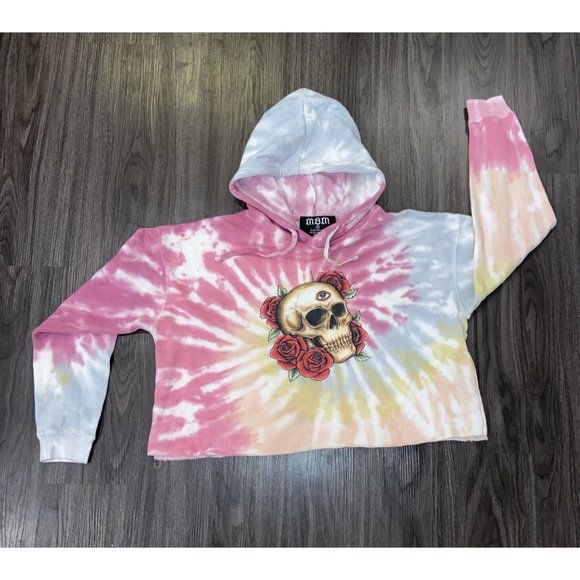 MBM GALLERY Crop Pastel Tie Die Skull Eye Roses Hoodie Marcos Alvarado Multi sz - Picture 1 of 10